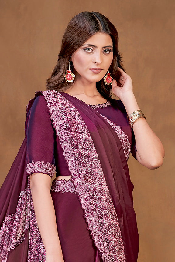 Wine Embroidery Satin Silk Ready to Wear Saree