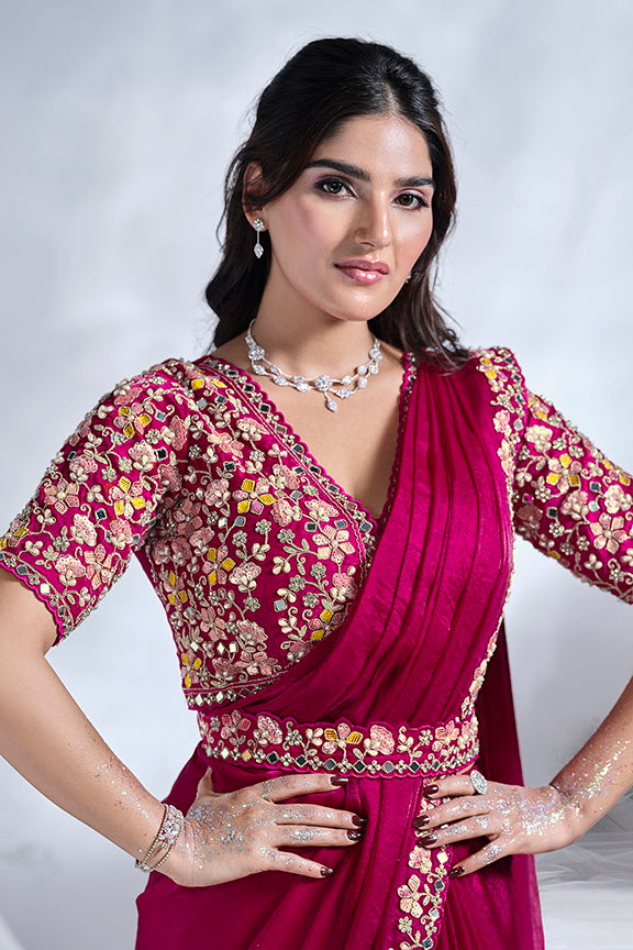 Pink Mirror Work Satin Silk Ready to Wear Saree