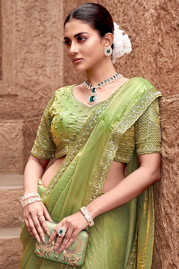 Liril Gradient Satin Silk Artisanal Hand Embroidery Work Designer Saree with Stitched Blouse.