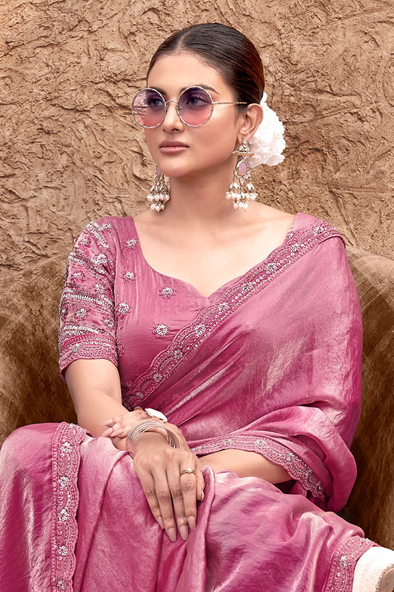 Gajari Gradient Satin Silk Artisanal Hand Embroidery Work Designer Saree with Stitched Blouse.