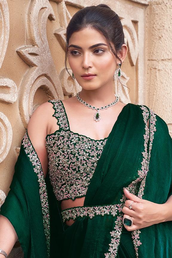 Green Shimmer Chiffon Hand Work Ready to wear saree