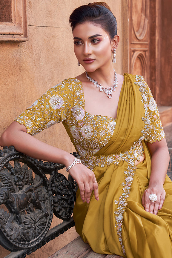 Mustard Crepe Satin Silk Hand Work Ready to wear saree