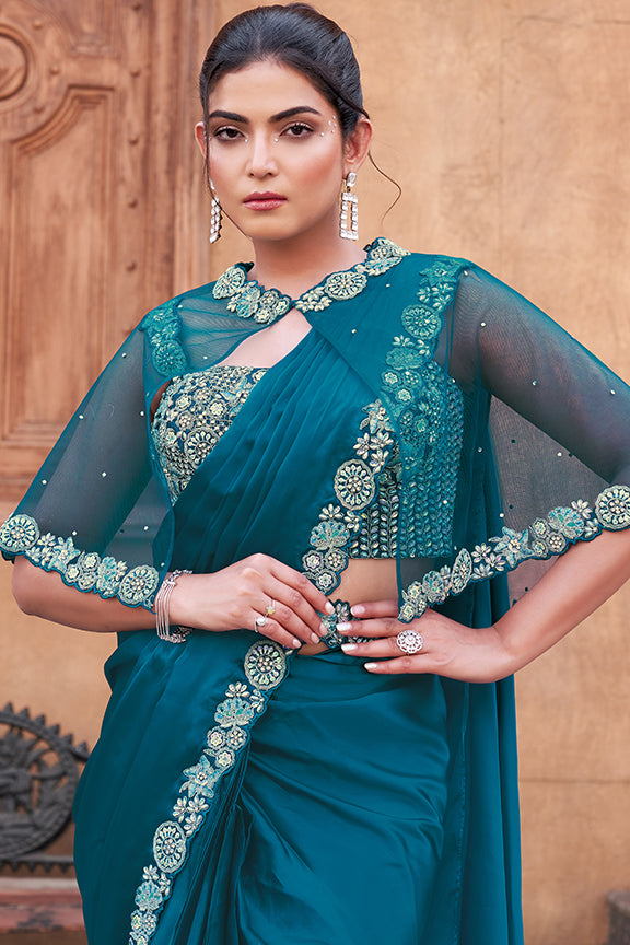 Teal Blue Crepe Satin Silk Hand Work Ready to wear saree