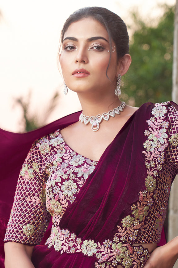 Wine Two Tone Satin Silk Hand Work Ready to wear saree