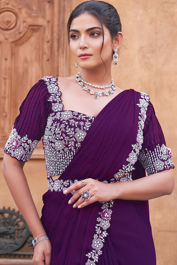 Purple Crepe Satin Silk Hand Work Ready to wear saree
