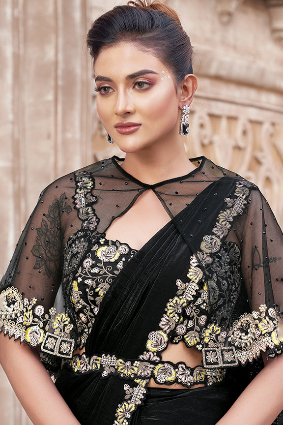 Black Two Tone Satin Silk Pearl Work Ready to wear saree