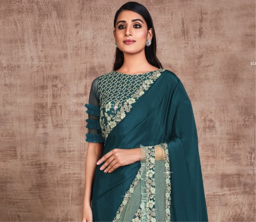 Blue Silk Georgette with double border Embroidered Saree