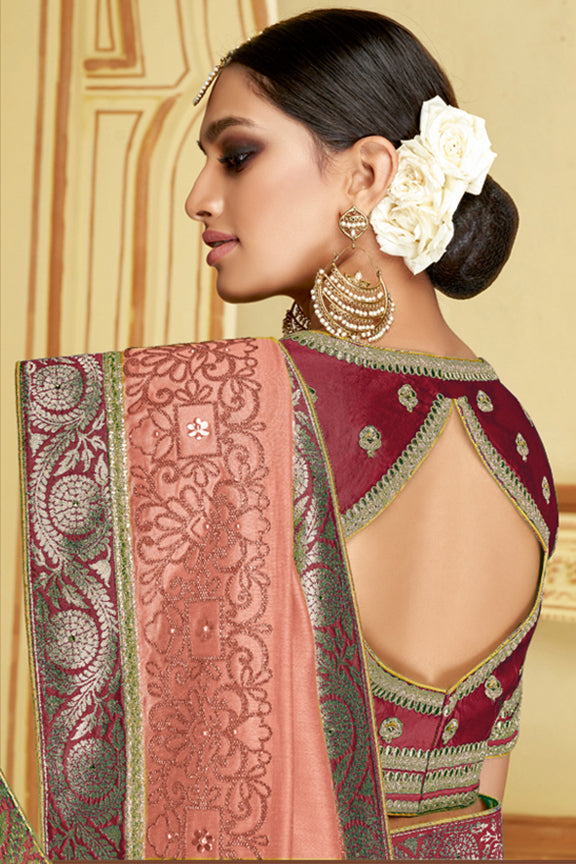 Peach Satin Silk Zari Embroidered Saree