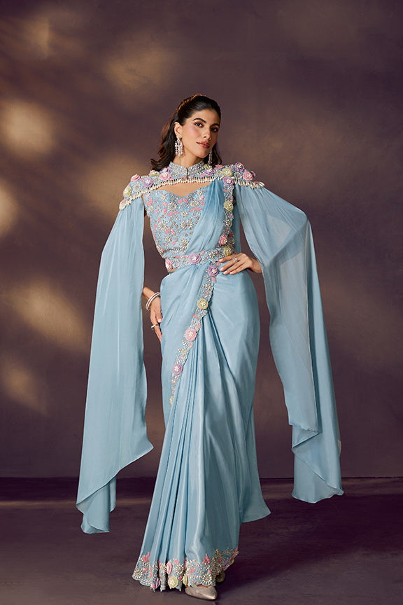 Firoji Two Tone Satin Silk Sequins Embroidery Ready to Wear Saree