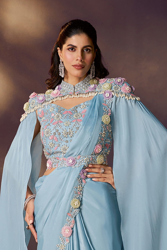 Firoji Two Tone Satin Silk Sequins Embroidery Ready to Wear Saree view 2
