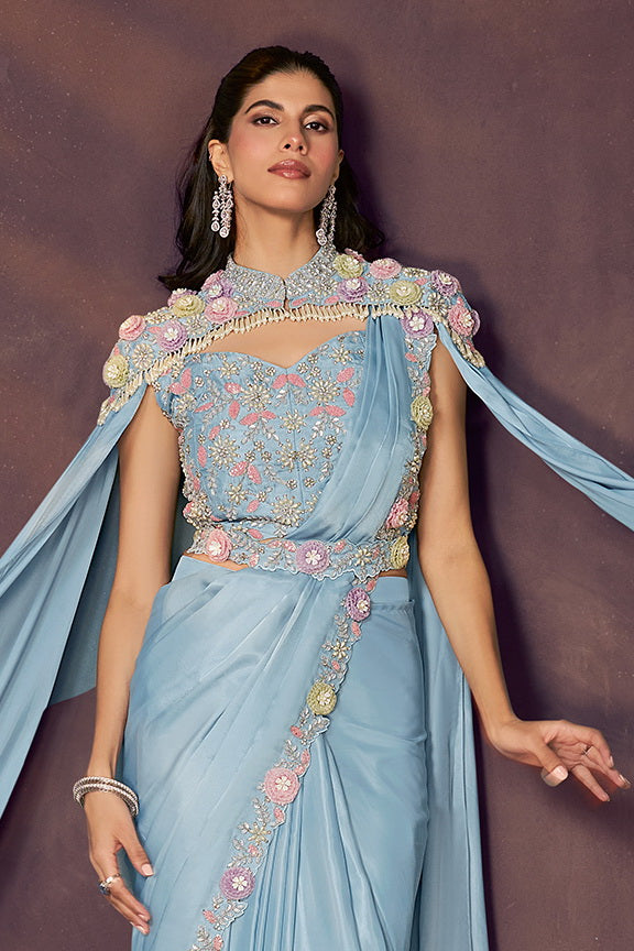 Firoji Two Tone Satin Silk Sequins Embroidery Ready to Wear Saree view 3