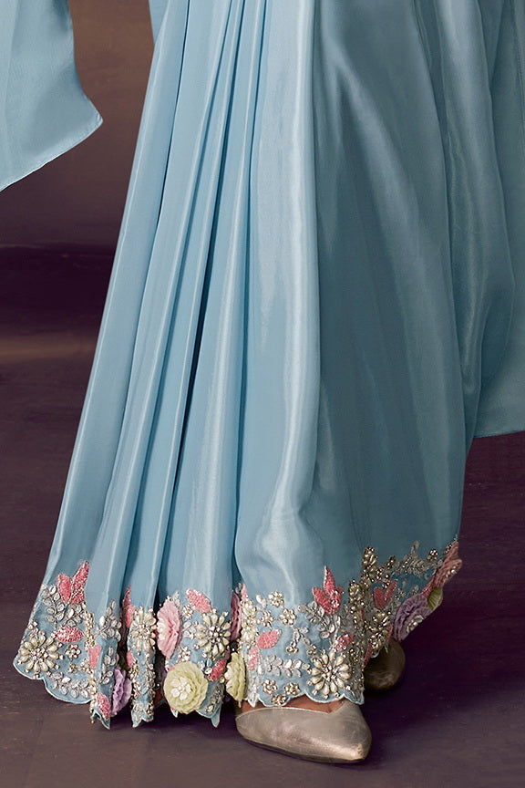 Firoji Two Tone Satin Silk Sequins Embroidery Ready to Wear Saree view 6
