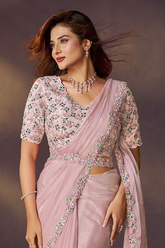 Pink Two Tone Satin Silk Handwork Ready to Wear Saree