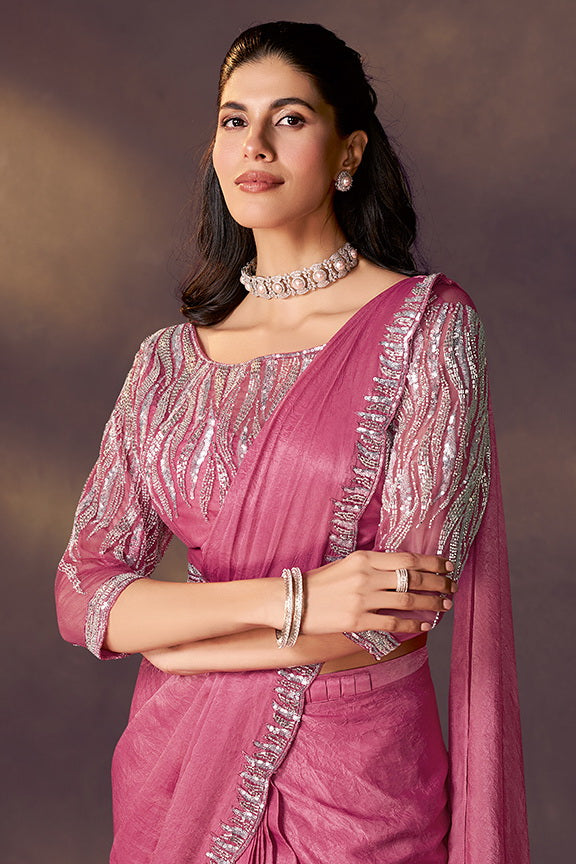Pink Crush Satin Silk Beads Embellishment Ready to Wear Saree