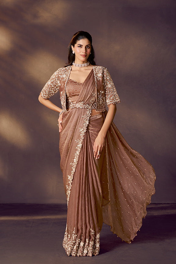 Brown Two Tone Satin Silk Sequins Embroidery Ready to Wear Saree