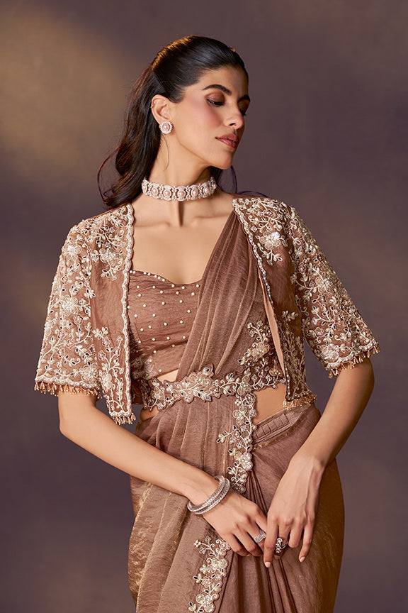 Brown Two Tone Satin Silk Sequins Embroidery Ready to Wear Saree