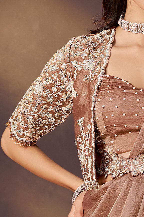 Brown Two Tone Satin Silk Sequins Embroidery Ready to Wear Saree view 4