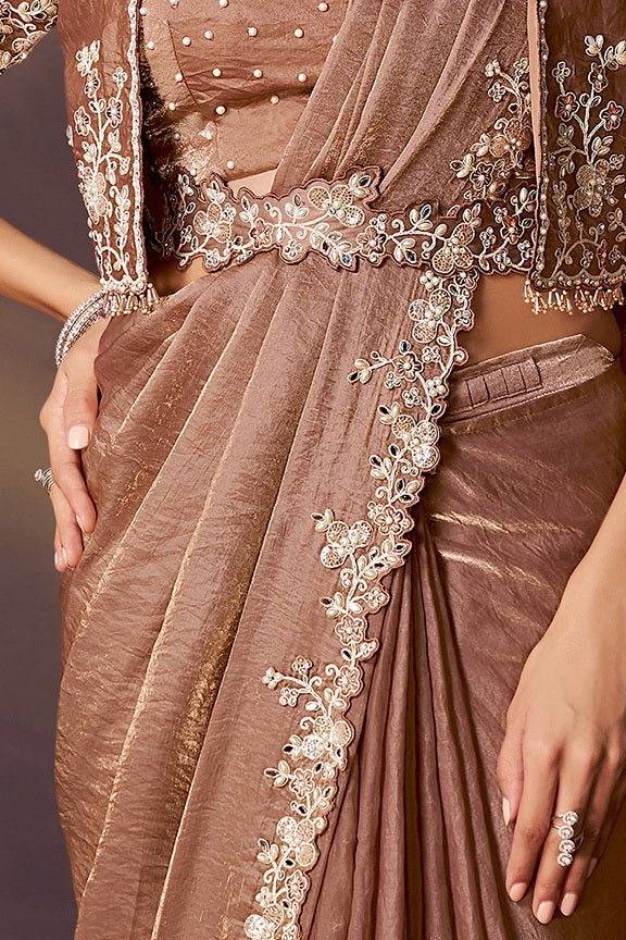 Brown Two Tone Satin Silk Sequins Embroidery Ready to Wear Saree view 5