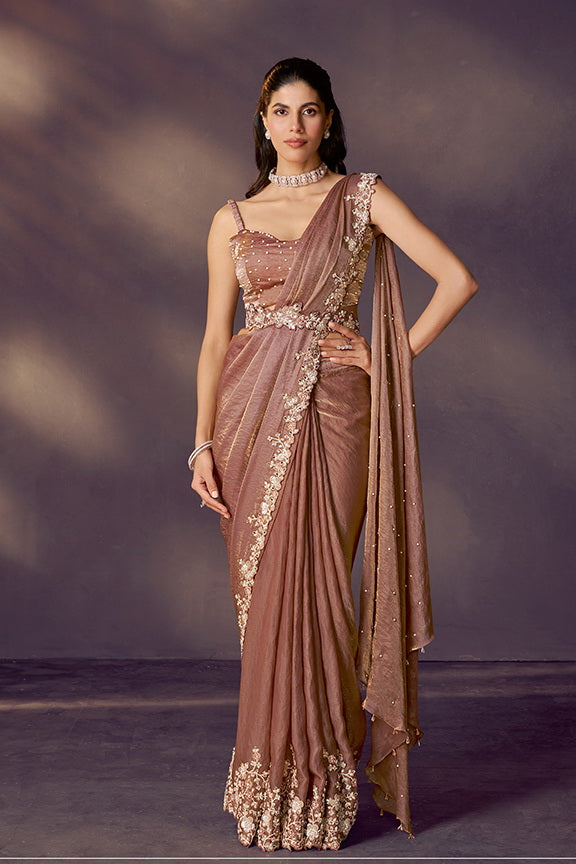 Brown Two Tone Satin Silk Sequins Embroidery Ready to Wear Saree view 6
