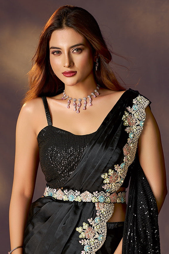 Black Soft Satin Silk Handwork Ready to Wear Saree