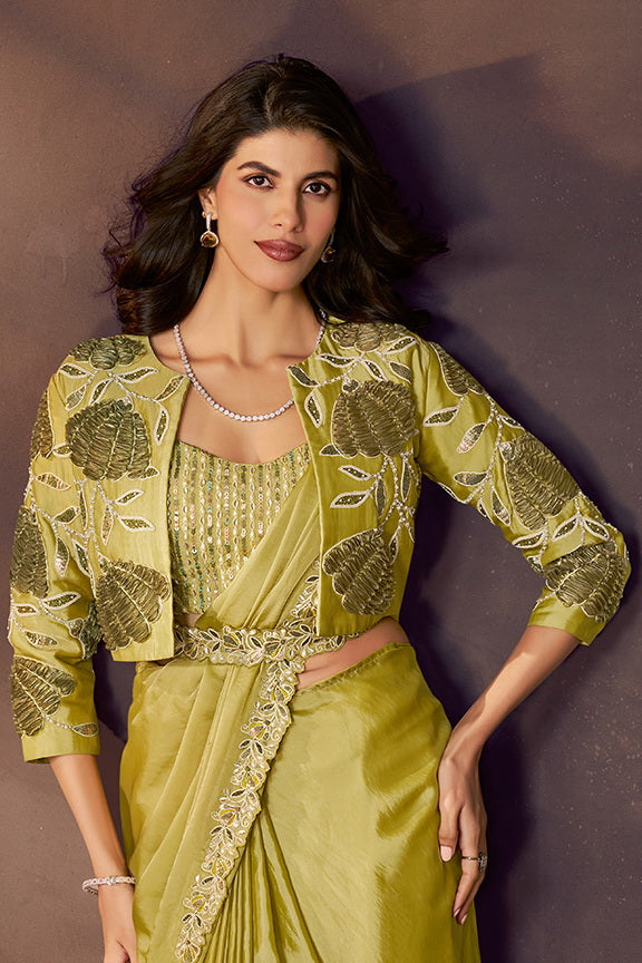 Lemon Green Soft Satin Silk Sequins Embroidery Ready to Wear Saree