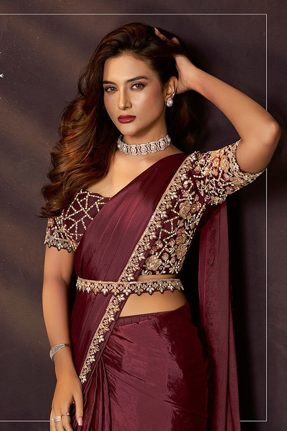 Maroon Two Tone Soft Silk Dual Sequins Embroidery Ready to Wear Saree