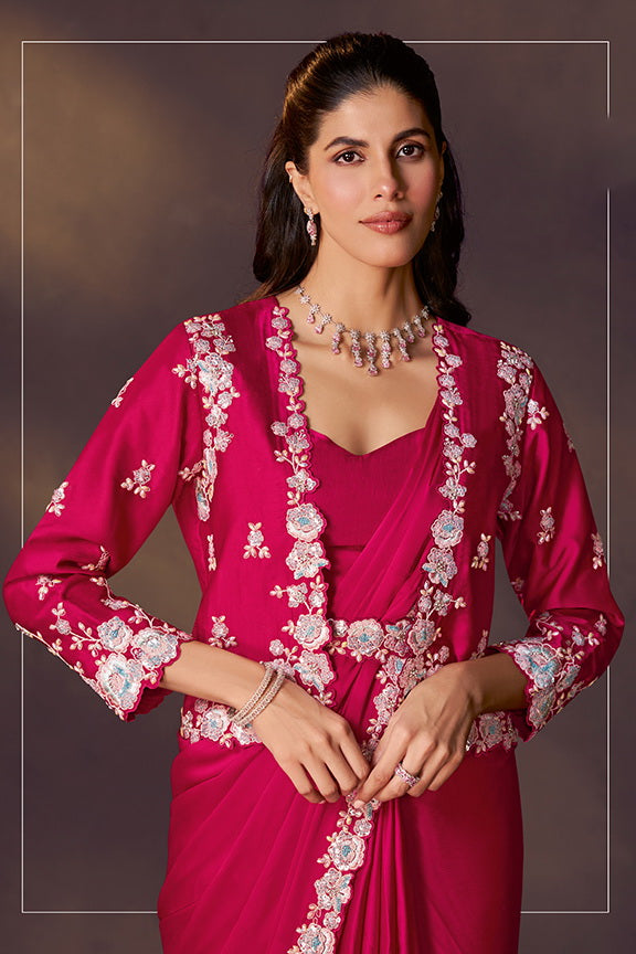 Rani Soft Satin Silk Dual Sequins Embroidery Ready to Wear Saree