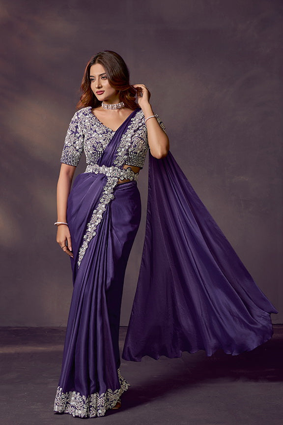 Purple Soft Satin Silk Dual Sequins Embroidery Ready to Wear Saree