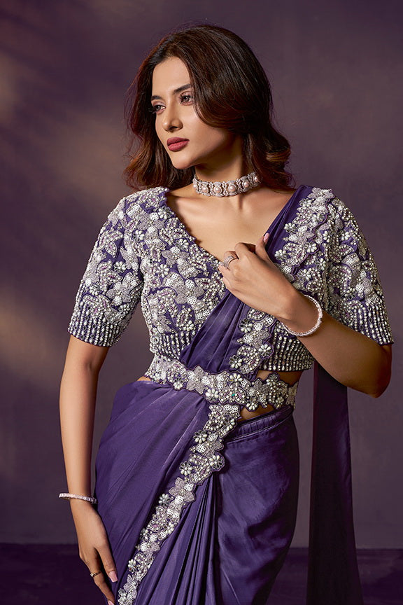 Purple Soft Satin Silk Dual Sequins Embroidery Ready to Wear Saree