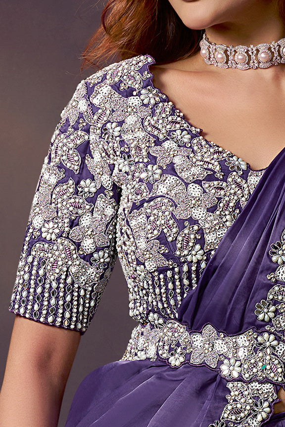 Purple Soft Satin Silk Dual Sequins Embroidery Ready to Wear Saree view 3
