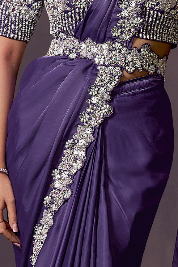 Purple Soft Satin Silk Dual Sequins Embroidery Ready to Wear Saree view 4