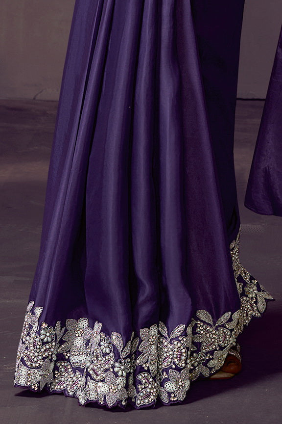 Purple Soft Satin Silk Dual Sequins Embroidery Ready to Wear Saree view 5