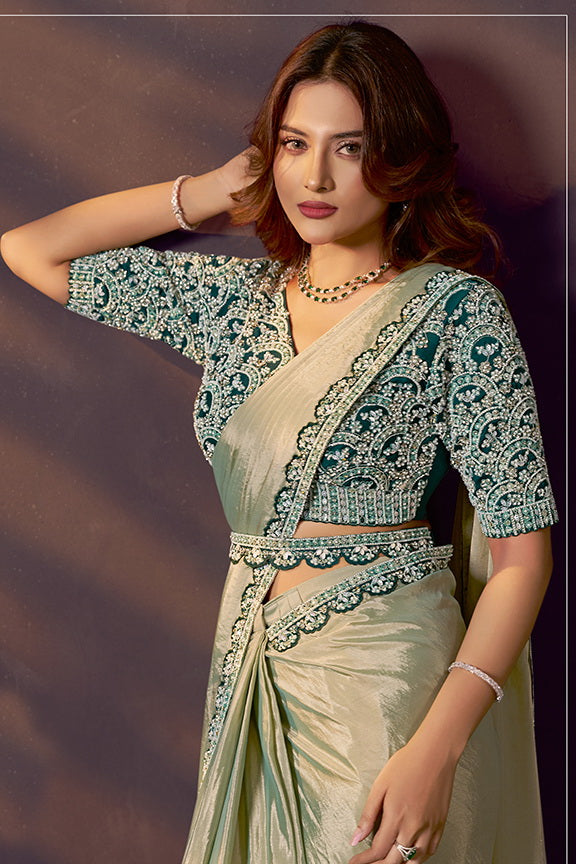 Pista Green Two Tone Soft Silk Beads Embellished Ready to Wear Saree
