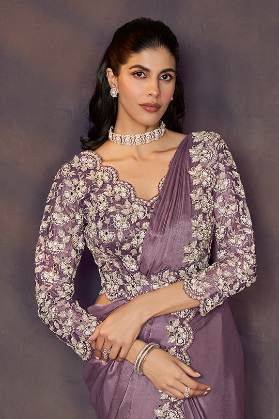 Lavender Soft Satin Silk Sequins Embroidery Ready to Wear Saree