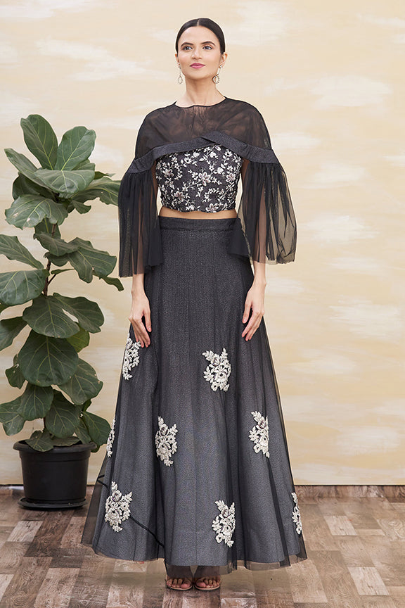 Black and Grey Embroidered Net Lehenga Choli