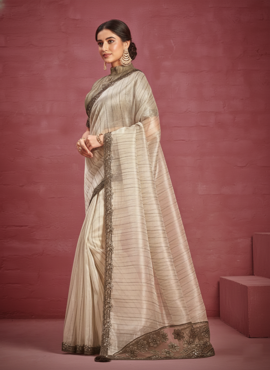 Beige Organza Embroidery Saree