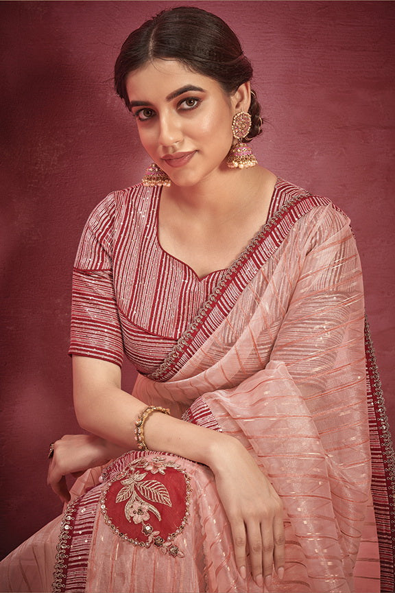 Peach Organza Embroidery Saree