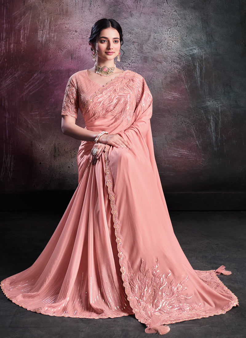 Peach Shimmer Crepe Silk Embroidery Saree