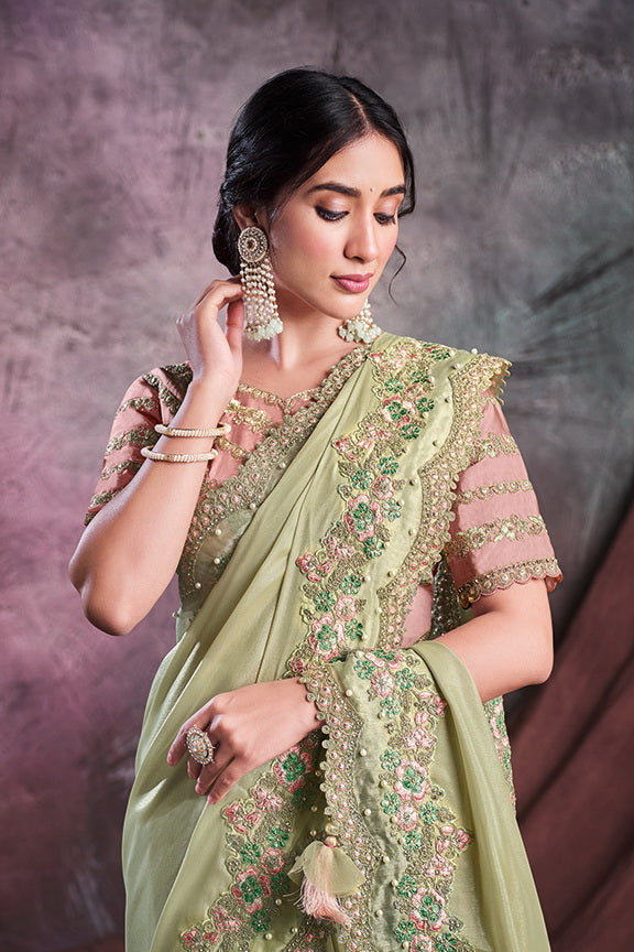 Green Shimmer Silk Georgette Embroidered Saree