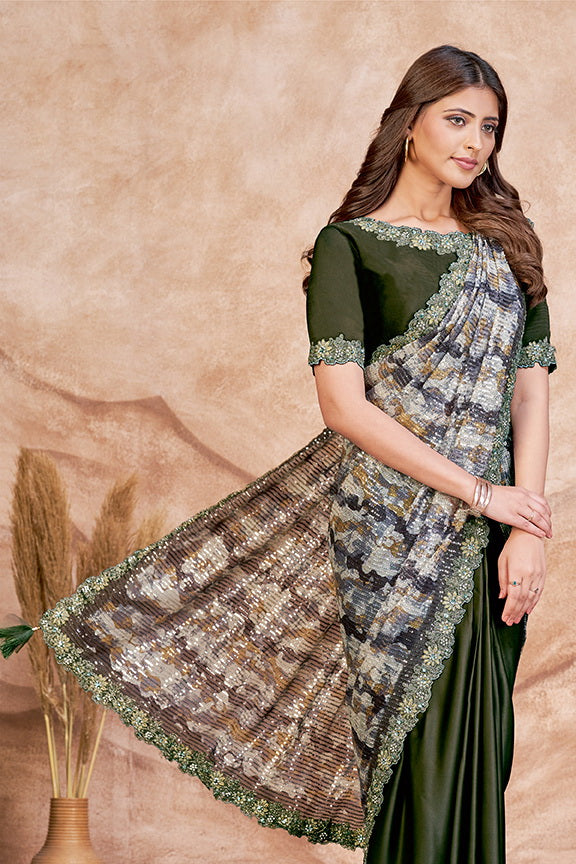 Green Satin Silk Embroidered Saree