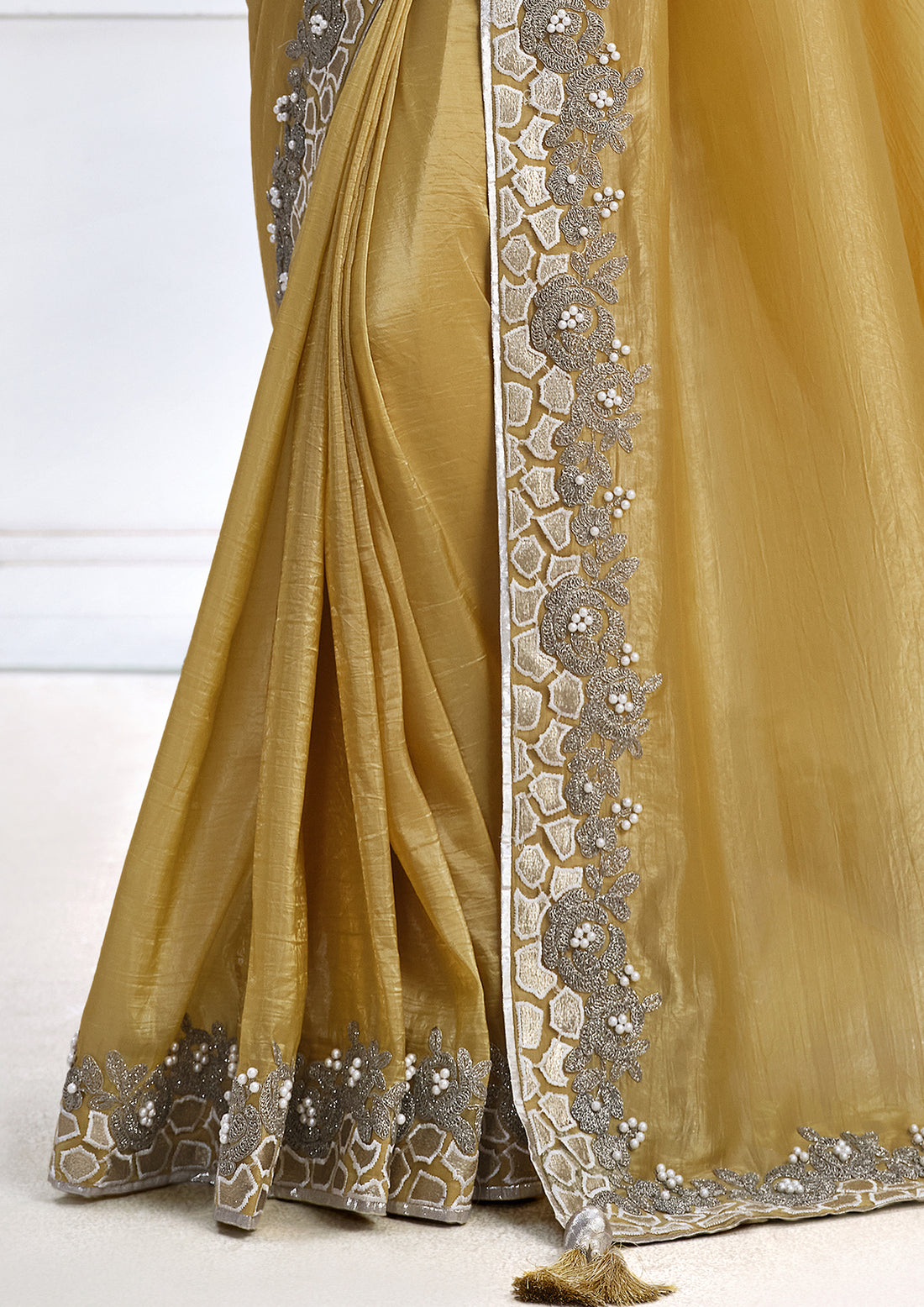 Yellow Banarasi Crush Silk Thread Embroidery Saree
