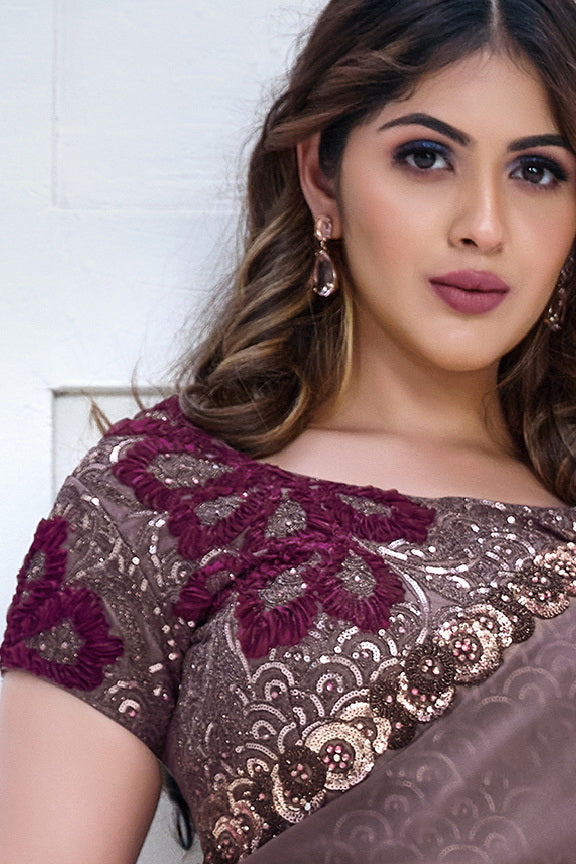 Purple Crepe Satin Silk Embroidery Saree