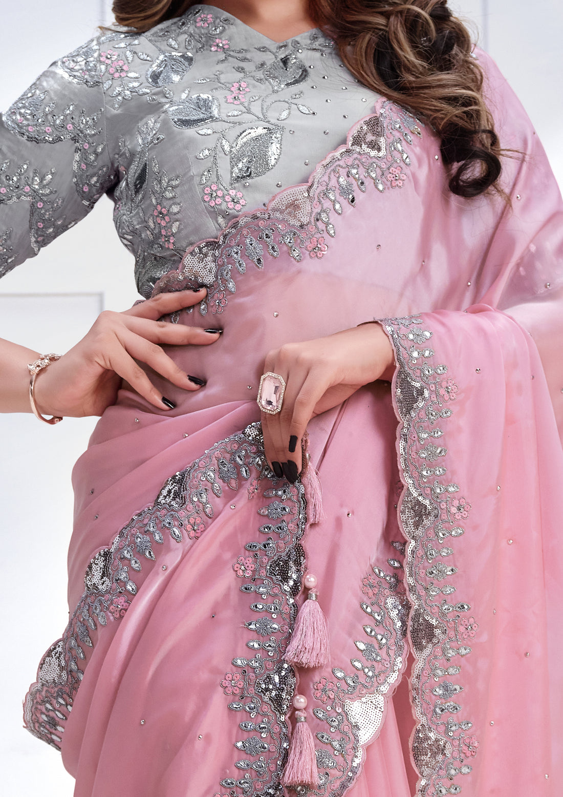 Pink Crepe Embroidered Satin Silk Saree