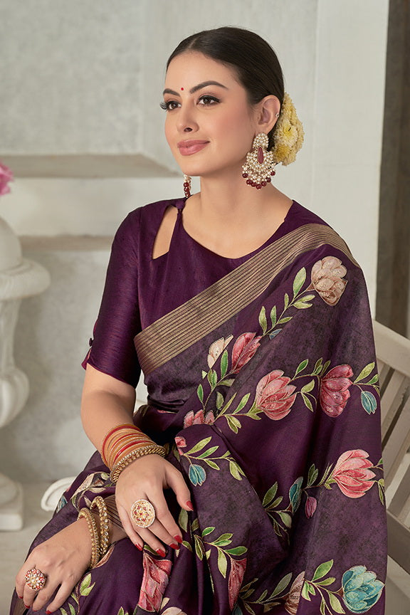 Purple Rangkat Tussar Silk Embroidery Saree