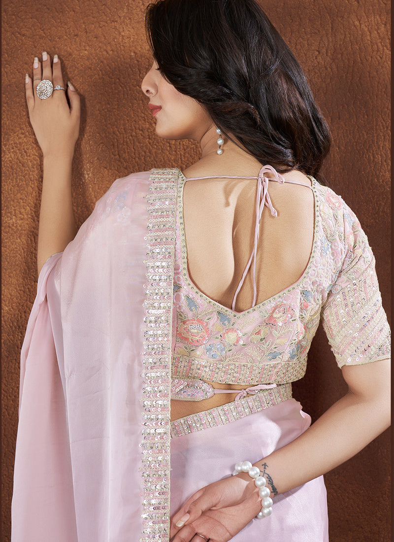 Pink Crepe Satin Silk Embroidery Saree