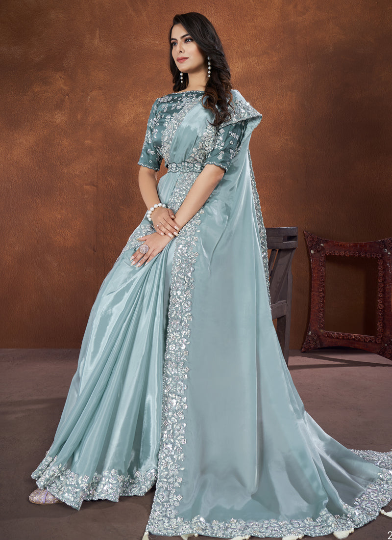 Blue Crepe Silk Embroidery Saree