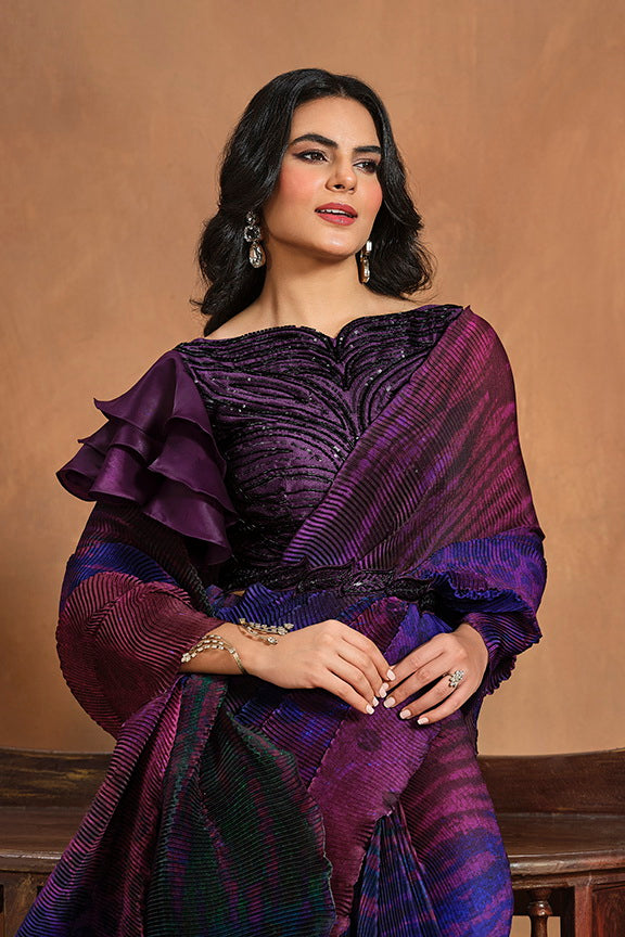 Purple Hand Work Satin Silk Ready to Wear Saree