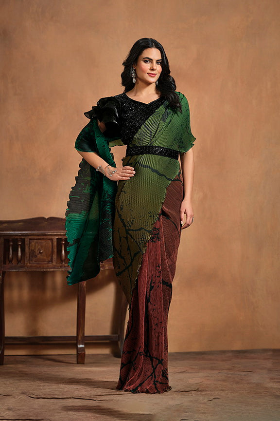 Green Hand Work Satin Silk Ready to Wear Saree