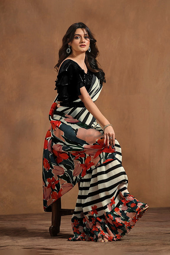 White and Black Hand Work Satin Silk Ready to Wear Saree