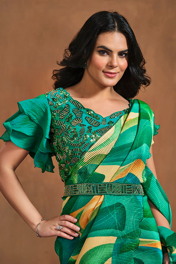 Green Hand Work Satin Silk Ready to Wear Saree